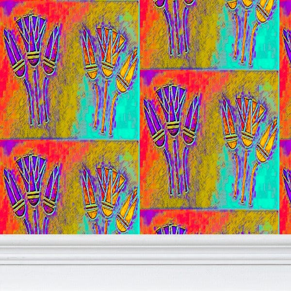 A very colourful wall paper with lotus flower image in purple, yellow, orange turquoise and gold.