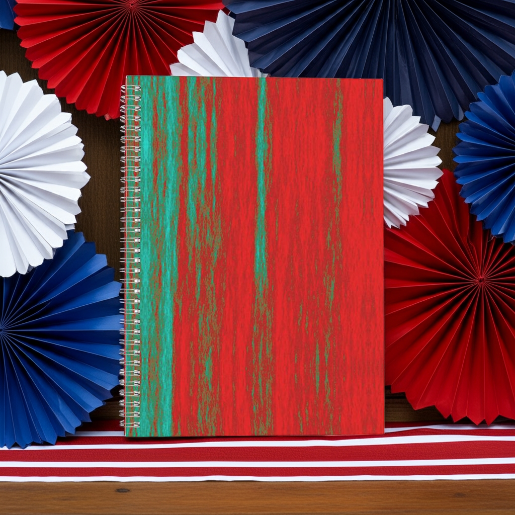 A colourful spiral notebook.
