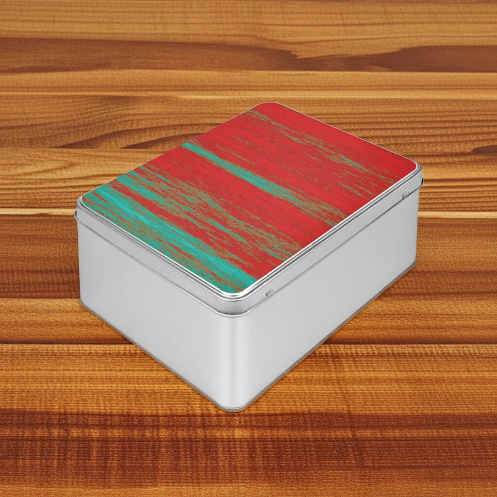 A tin with Red and Green Colours.