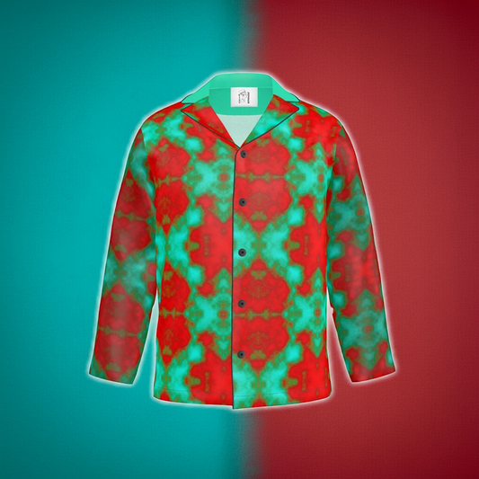 A red and green front pyjama and sea green colour on the back.