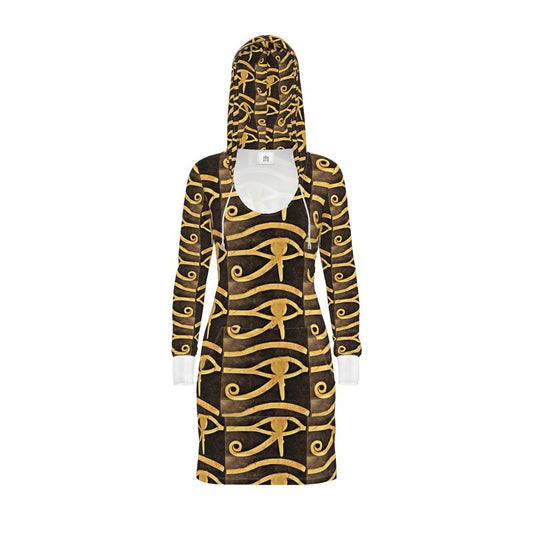 A lady hoodie dress in brown Eye of Horus print.