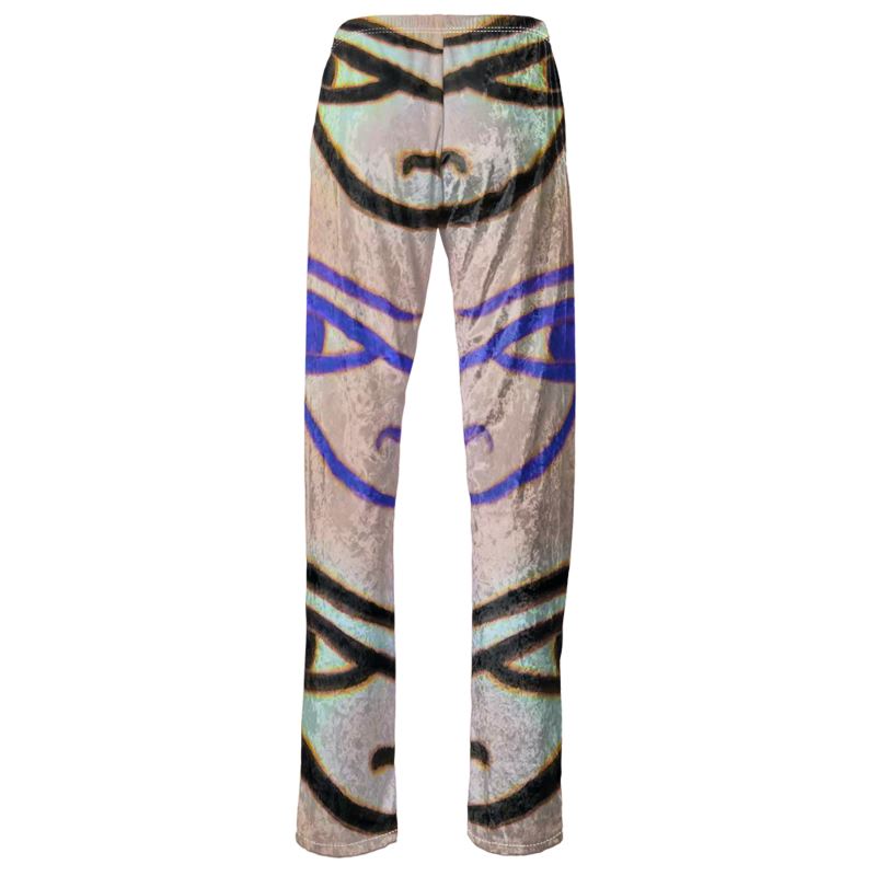 The back of the trousers is in pinkish background and  the Eye of Horus is in bold and black and blue.