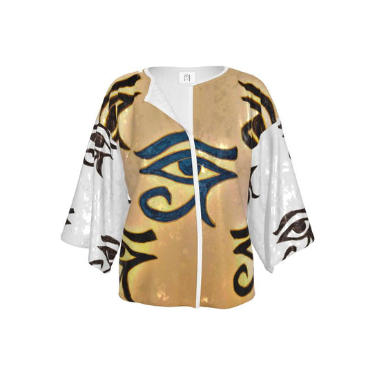 Handcrafted kimono jacket featuring artistic prints and vibrant colors.